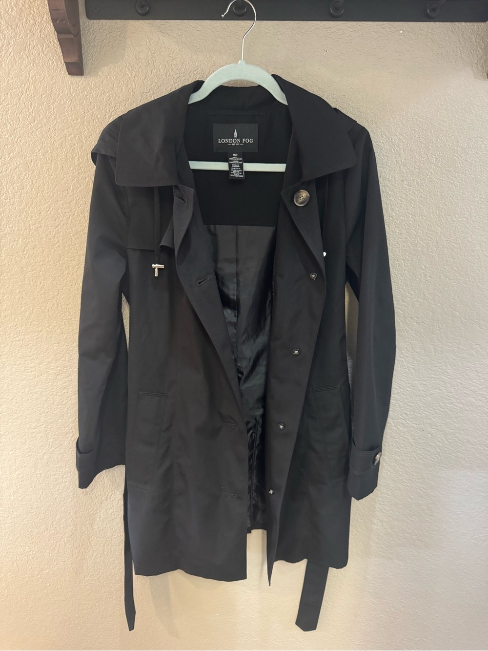 London Fog Black Trench Coat with Waist Tie